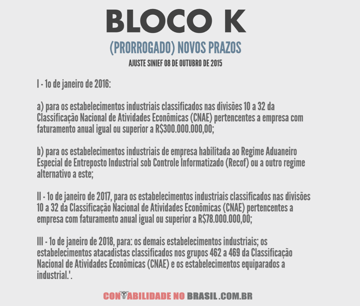 BLOCO K novo prazo, prorrogado com o Ajuste SINIEF 08/2015